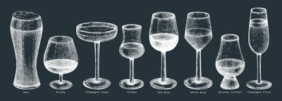 Hand-sketched alcoholic drinks illustrations set. Vector sketch of bar beverages in elegant glasses on chalkboard. Vintage drawing of popular alcohol drinks for pub, bar or restaurant menu design